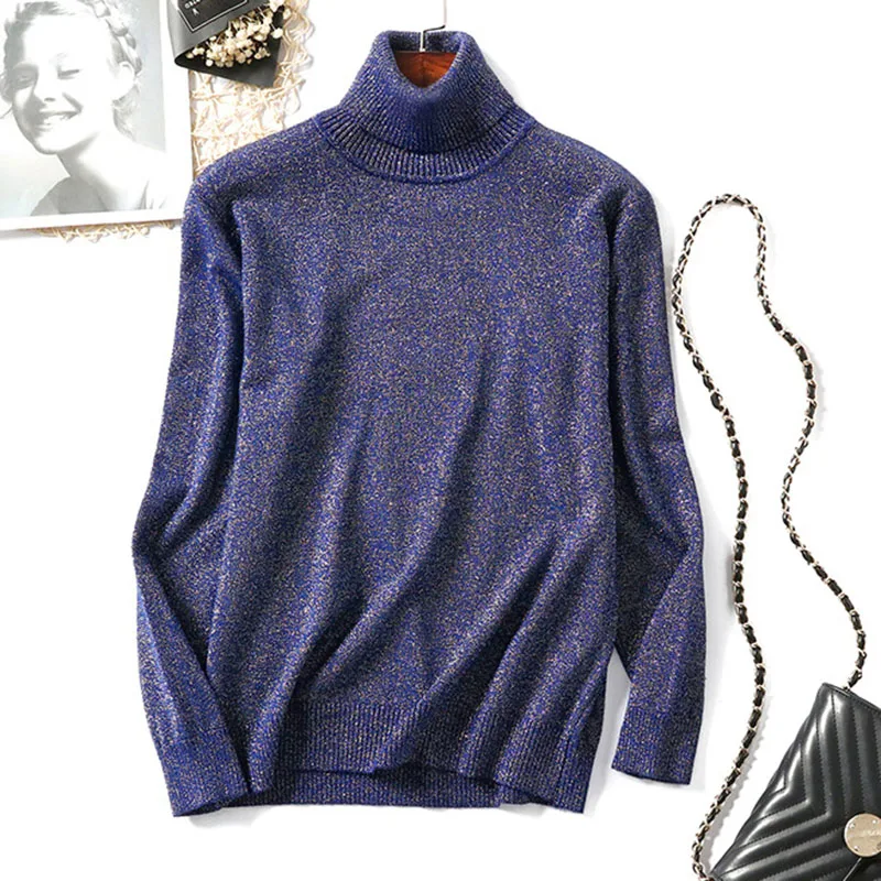 Популярный Блестящий свитер из люрекса, женский свитер с высоким воротом, Женский вязаный пуловер, Женский Зимний пуловер, Женский Тонкий джемпер