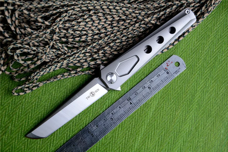 

KC Design TS44 Two Sun Brand Folding Hunting Knife Combined Blade Titanium Handle with Hand Guard Flipper Tactical Knife Tool