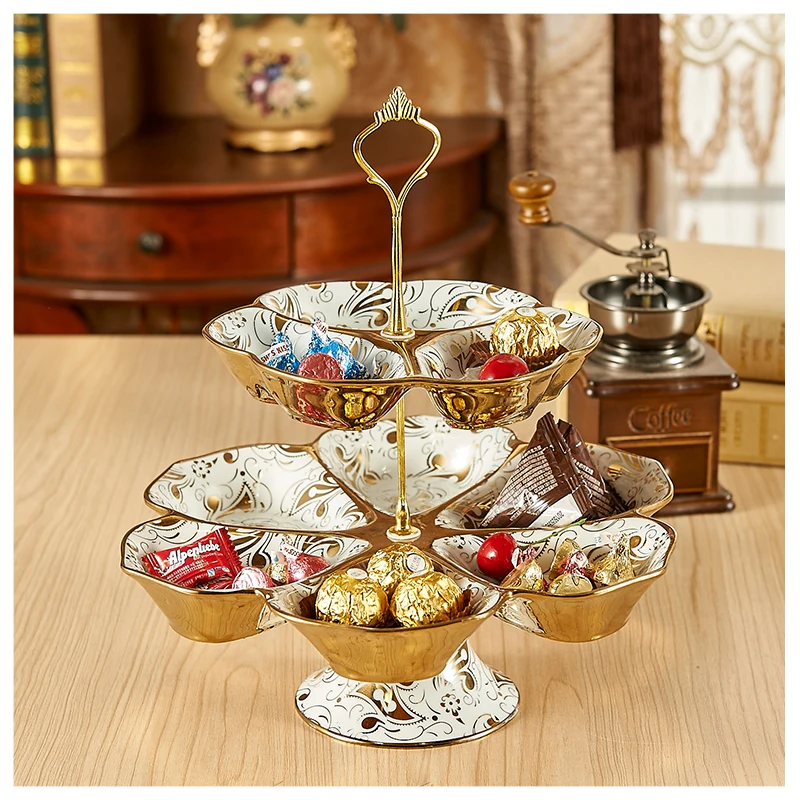 

Ceramic Two Tiers Fruit Epergne Plate Ornamental Porcelain Assorted Dessert Dish Dinnerware Decor Handicraft Houseware Present