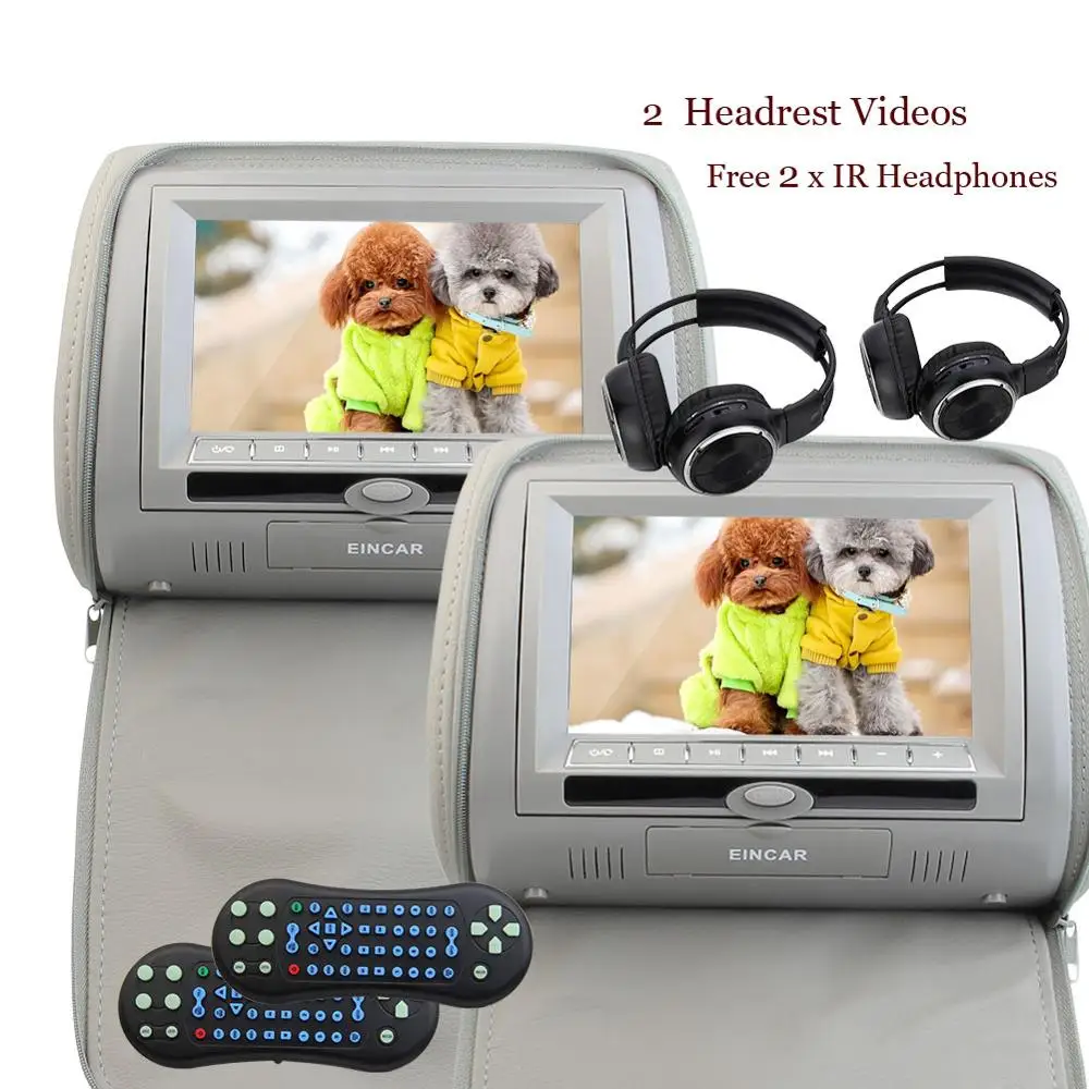 Perfect Car Autoradio Audio 2 x 7" Gary Leather Car CD DVD/Multimedia Headrests Video Player pillow 2xfree IR Headphones FM Transmitter 2