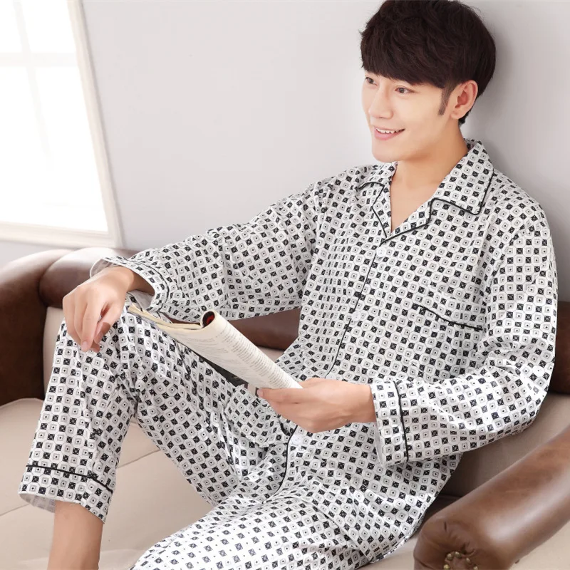 Man Sleepwear Men's Pajamas Knitted Cotton & Polyester Long Sleeved
