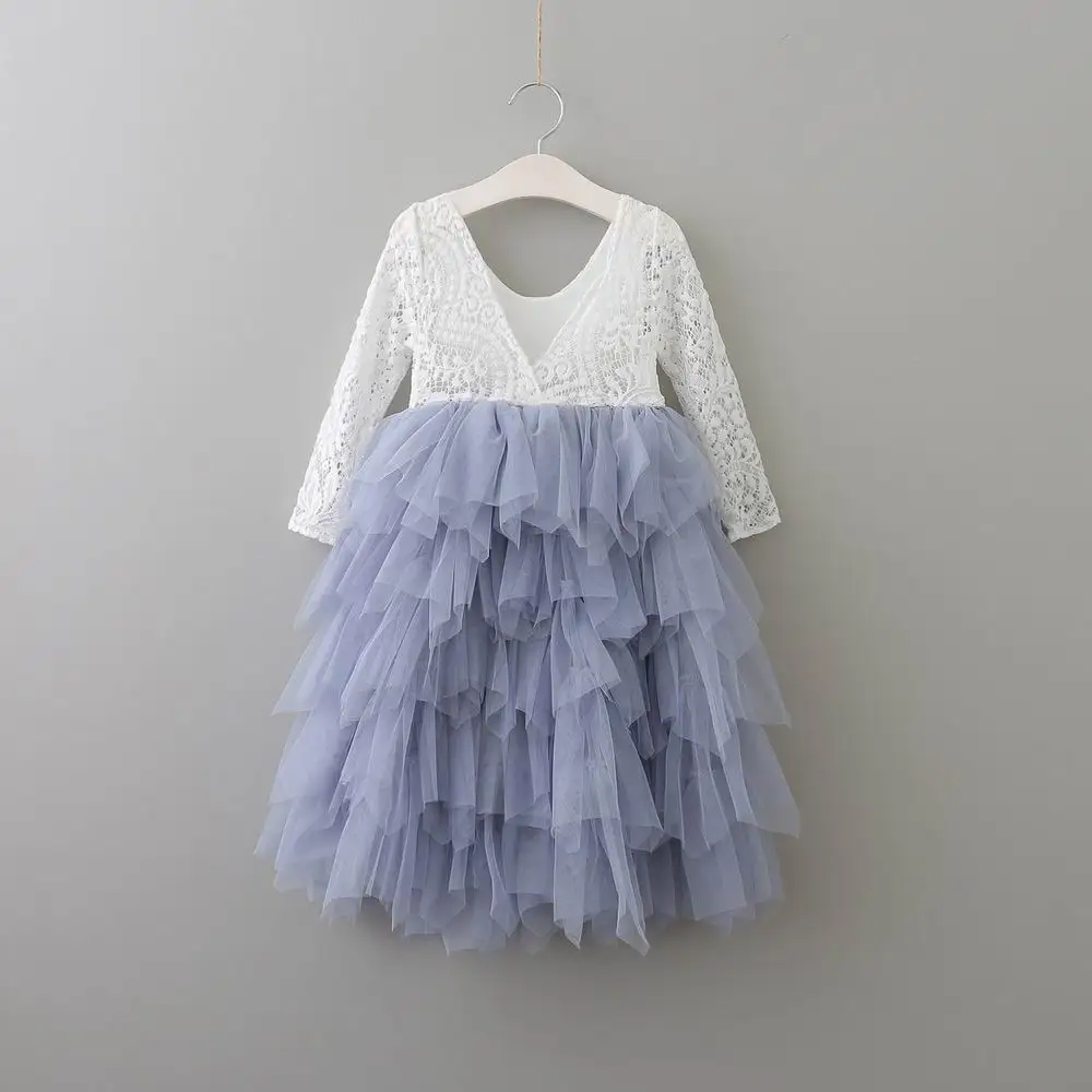 Платья принцессы для девочек; кружевное многослойное платье-макси из тюля с цветочным рисунком; детская одежда с длинными рукавами для свадебной вечеринки; E17104