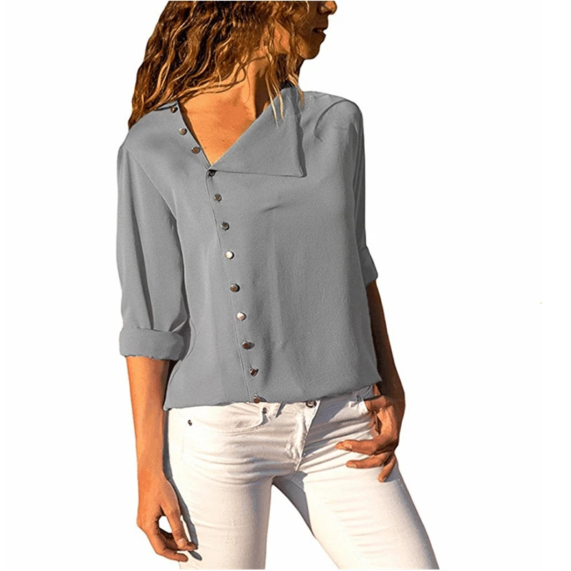 2018 blusa camisa manga larga elegante señoras botón Casual Top gris negro Mujer Camisas Blusas Dropshipping|Blusas y camisas| - AliExpress