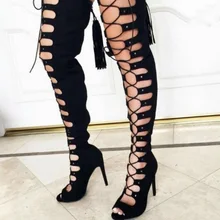 Sexy Black Suede Leather Women High Boots Peep Toe Cut-out Lace-up Over Knee Boots Womens Thin Heels Gladiator Heel Long Boots Sexy Black Suede Leather Women High Boots Peep Toe Cut-out Lace-up Over Knee Boots Womens Thin Heels Gladiator Heel Long Boots