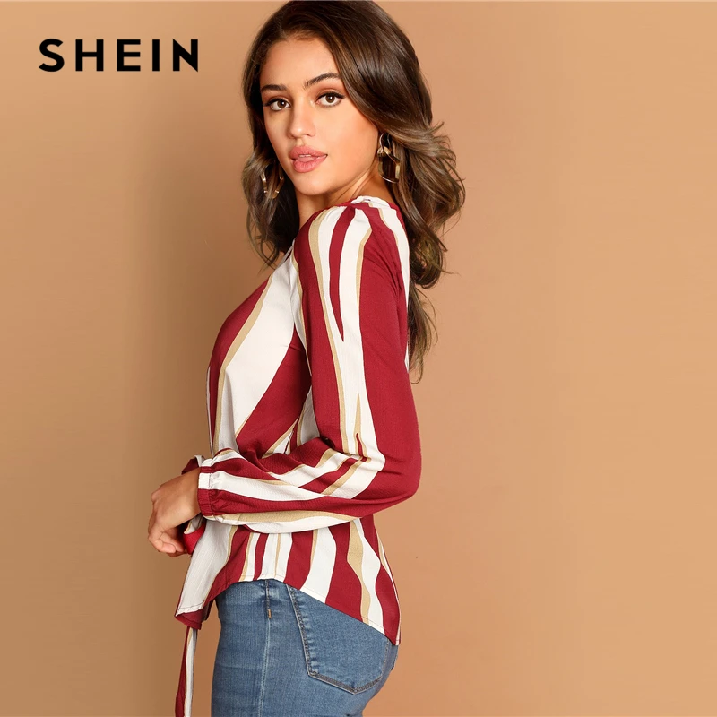 SHEIN Контрастная Блуза С Поясом Женский Многоцветный Осенний Повседневный Топ С Длинными Рукавами