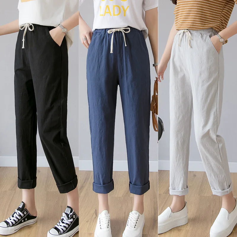 

Cotton Linen Ankle Length Pants Women Spring Summer Casual Trousers Pencil Casual Pants Harem Women's Trousers High Waist Bottom