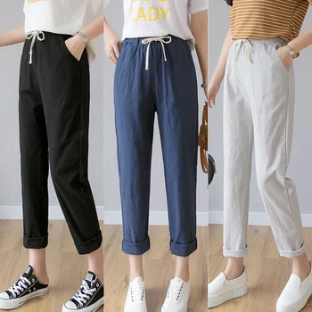 Cotton Linen Ankle Length Pants Women Spring Summer Casual Trousers Pencil Casual Pants Harem Women's Trousers High Waist Bottom summer harem pants for baby girl clothes cotton and linen pants trousers ankle length flower print pants children leggings