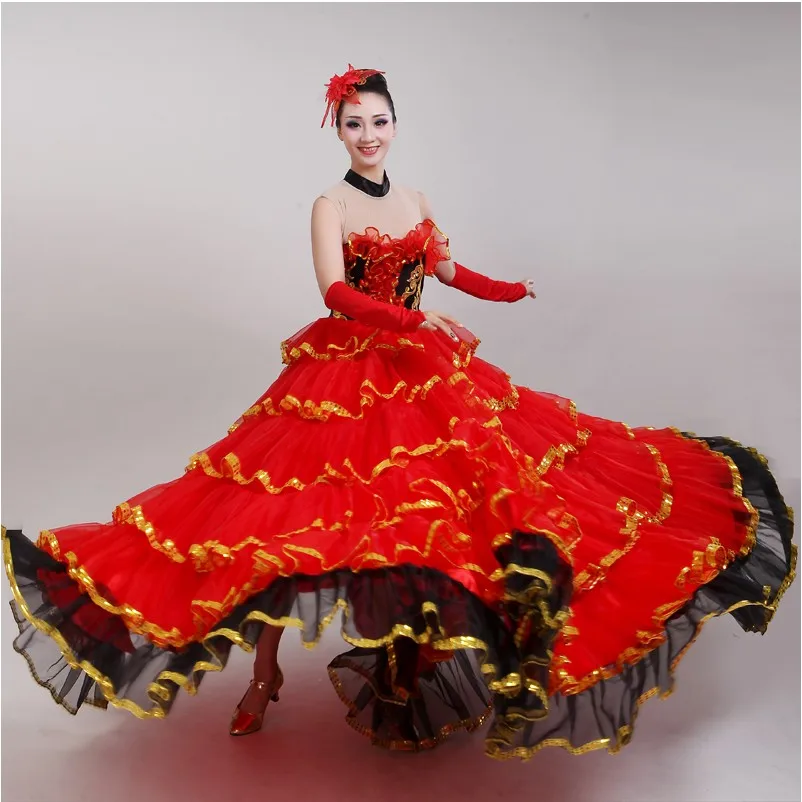 

women short sleeve Dance Costume National red adult stage Performance wear Female festival dance long dress