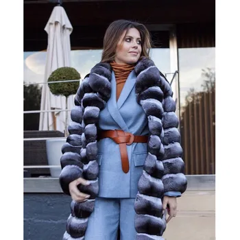 GĂŒnstige FURSARCAR 2020 Chinchilla Winter NatĂŒrliche Pelzmantel Frauen Luxus Rex Kaninchen Warme Neue Lange Pelz Jacke Mode Turndown Kragen