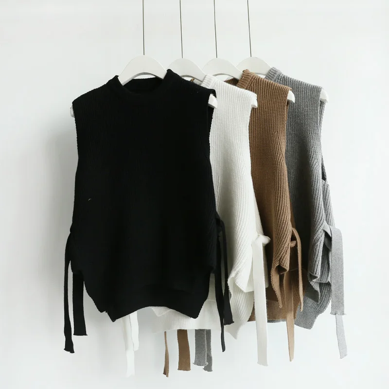 

New Asymmetry Sashes Sleeveless Sweater Pullover Women Sweet Loose Knitted Women's Vest 2019 Spring Short Female Waistcoat Gilet
