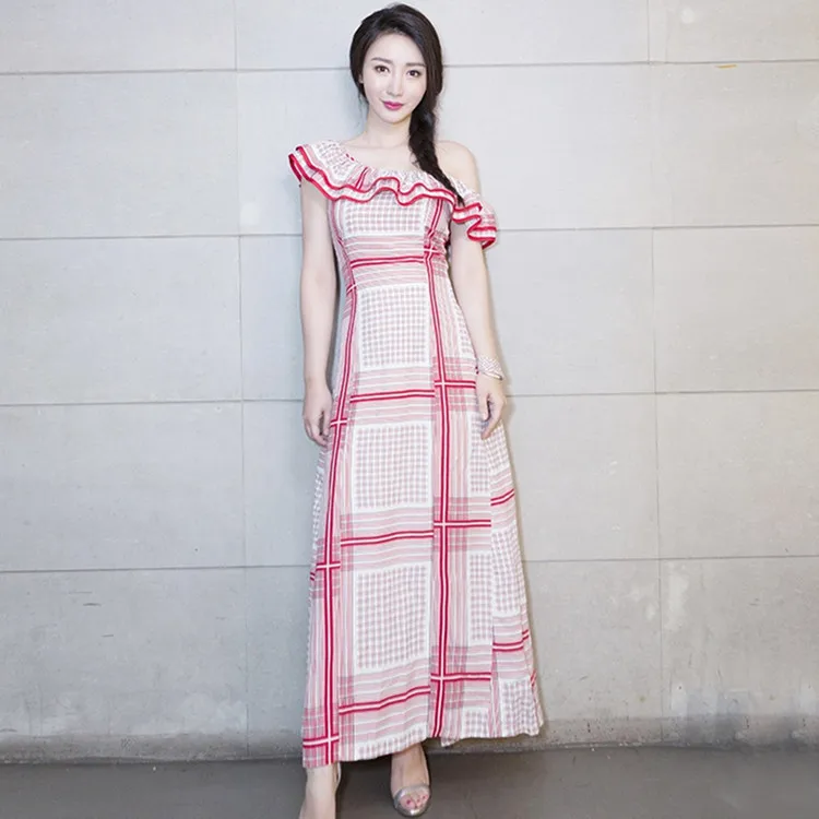 

Red Plaid One Shoulder Dress 2019 High Waist Sexy Shoulder Leakage Plaid Slash Neck Butterfly Sleeve Dress Women Clothes