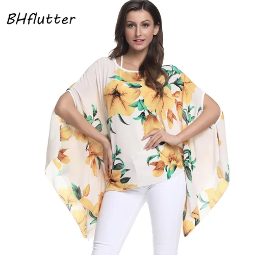 BHflutter женские блузки, новинка, шифоновая блузка с принтом, рубашка с рукавом летучая мышь, повседневные свободные летние топы в стиле бохо, футболки размера плюс 4XL 6XL - Цвет: picture color