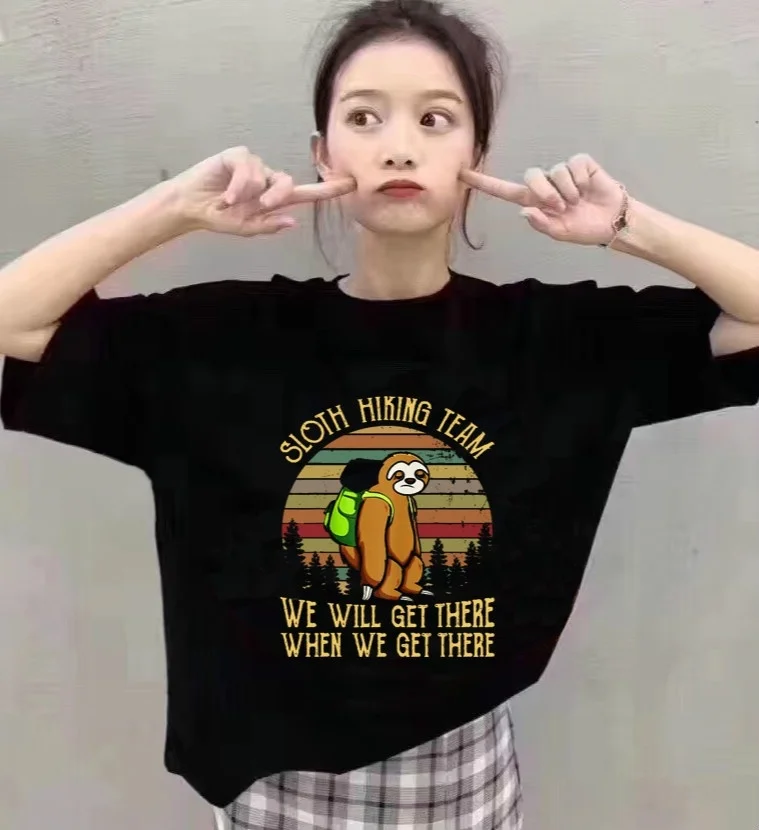 HAHAYULE-JBH 1pcs Black Sloth Hiking Team Tshirt Vintage SLoth Gift Climber Tee Hiker tee Mens outdoor Short Sleves camping