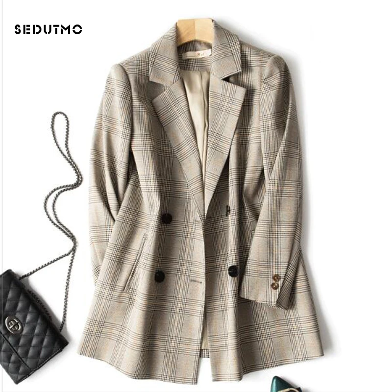 

SEDUTMO 2018 Spring Autumn Plaid Blazer Women Long Suit Jacket Double Breasted Blazer Vintage Pocket Office Coat ED296
