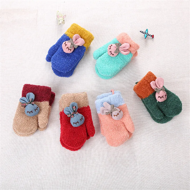 1 Pair Cute Cartoon Little Rabbit Thicken Warm Cotton Infant Baby Boys Girls Winter Warm Solid With Sling Full Finger Mittens Kids (1)