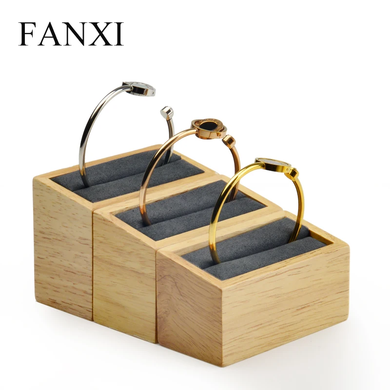 

FANXI 3 pcs/set Solid wood bracelet display stand jewelry bangle Display Tilt shape with microfiber insert for Showcase