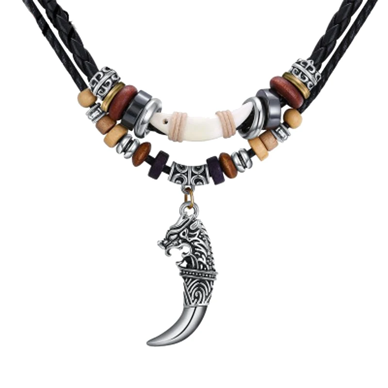 Vintage Tribal Wolf Tooth Necklace for Men Braided Leather ...