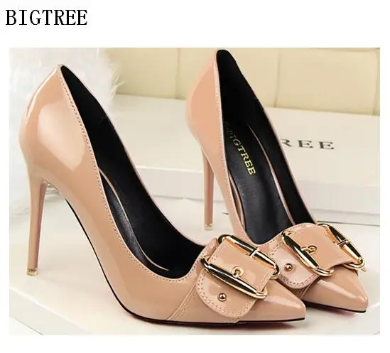 

BIGTREE High Quality Pumps Women's Shoes 2018 Summer 10cm Korean Version Simple High-heeled Sexy Leather Metal Belt Buckle Shoes