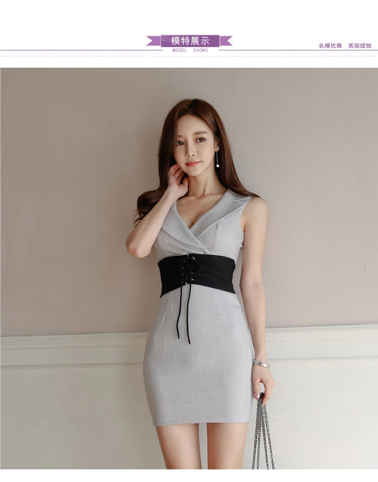 

Elegant OL Work Women's Dresses Sexy Deep V Collar Sleeveless Color Patchwork Lace-up Sashes High Waist Sheath Slim Mini Dresses
