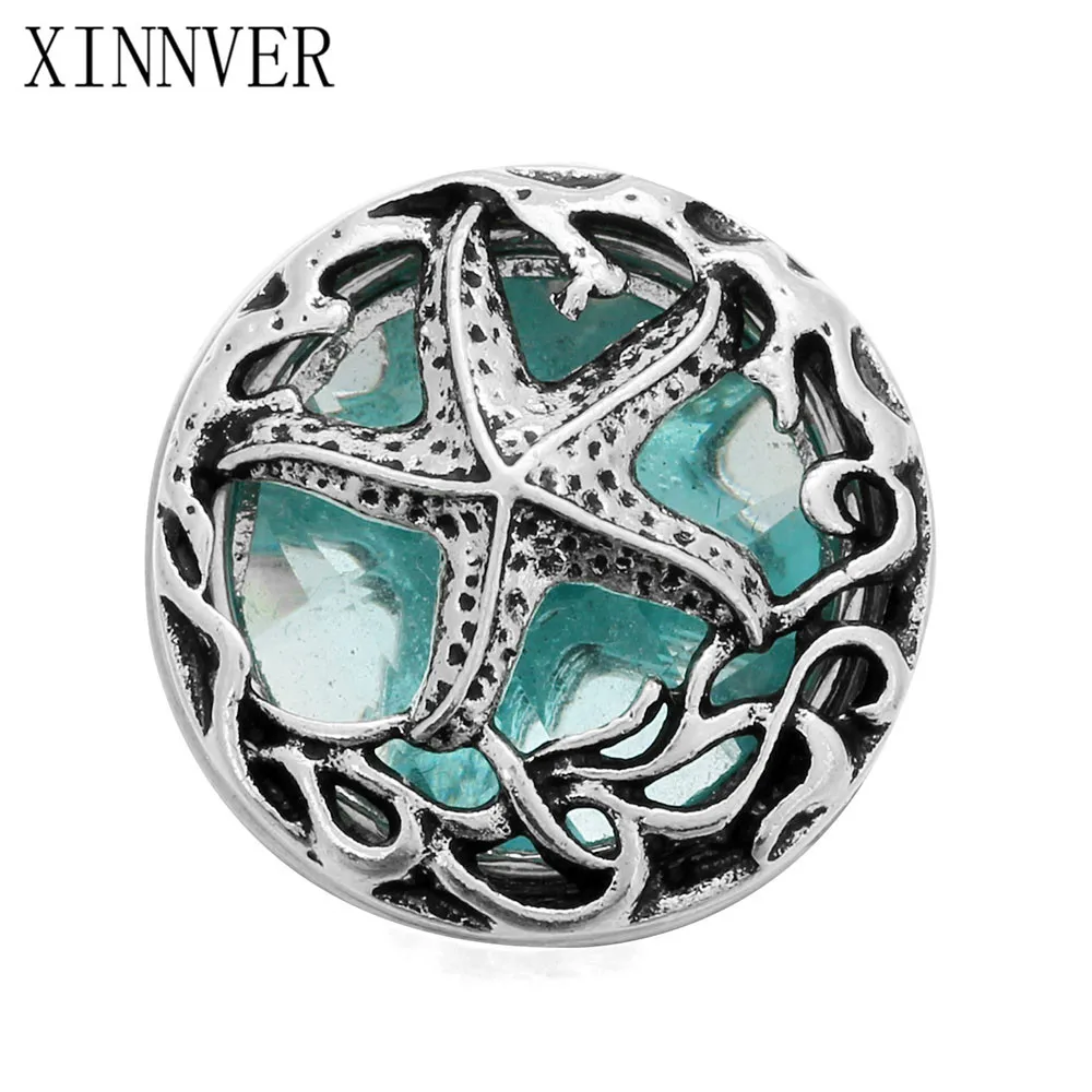 

10Pcs/lot DIY 18mm Starfish Snap Buttons Interchangeable Jewelry Accessory Hollow Box Blue Rhinestone Snap Jewelry For Bracelet