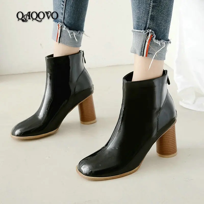 Square High Heels Ankle Boots Women Patent Leather Autumn Winter Fashion Zipper Round Toe Ladies Shoes Black Beige Pink | Обувь