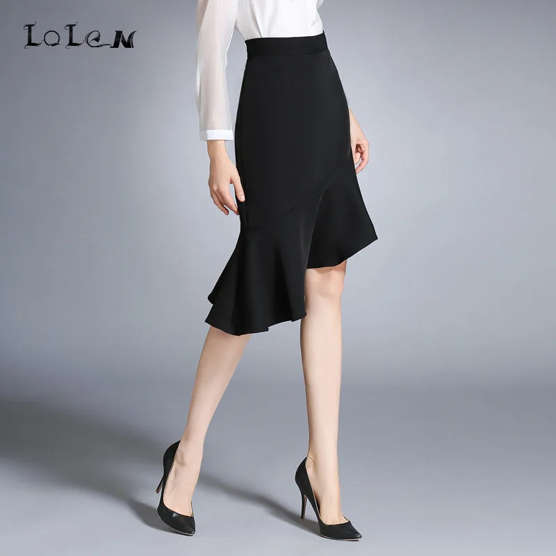 LOLEN Irregular Hem Flounced Skirts Black Fishtail Skirt for Womenin