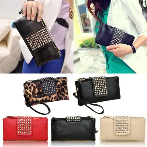 Women Rivet Zipper Wallet Holder Card Coin Clutch Purse Wristlet Evening Bag 1QD2 4OPU