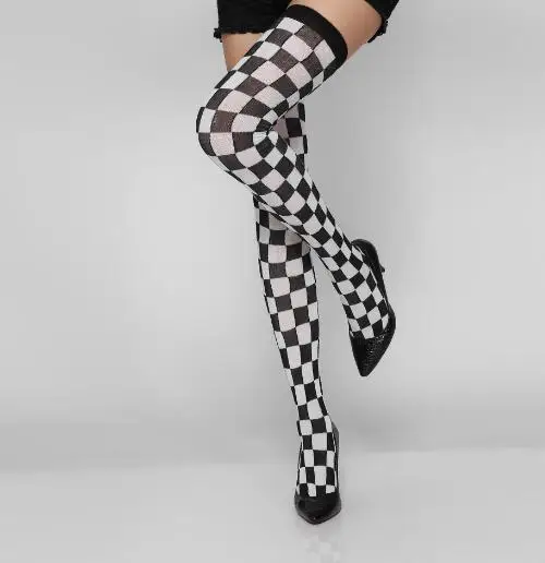 Fashion Stockings for Women Sexy Knee Socks New Women Grid Stockings Female Cotton Thigh High Stockings Black with white