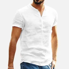 JAYCOSIN 2019 nueva camisa de verano para hombres holgada de algodón de lino sólido corto con cuello en V Retro Top blusa streetwear camisas hombre 9712