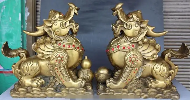 

S4714 Chinese Folk Bronze Wealth Yuanbao Coin Cucurbit Kylin Chi-lin Qilin Statue Pair discount 30% (C0324)