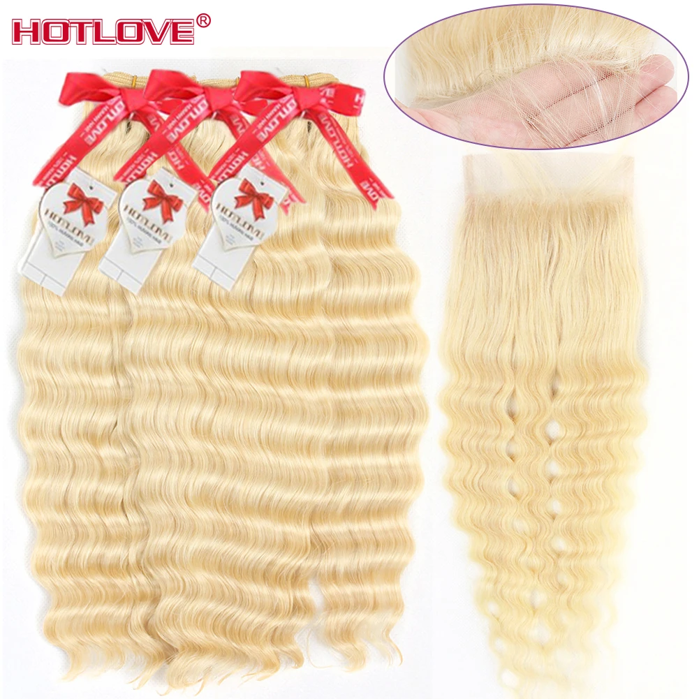 Loose Wave Deep 613 Blonde Bundles With Closure Free Part Malaysian Honey Human Hair Weave Remy | Шиньоны и парики