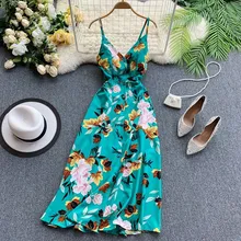 Women Spaghetti Strap Maxi Dress Sexy Backless Chiffon Dress A-Line Casual Floral Print Bohemian Dress Women Spaghetti Strap Maxi Dress Sexy Backless Chiffon Dress A-Line Casual Floral Print Bohemian Dress