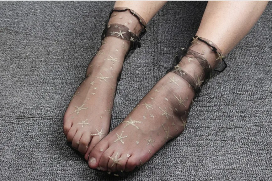 

Glitter Starfish snowflake Net yarn Women Socks Fashion Short Socks Shiny Harajuku Soft Ladies Funny Socks Transparent Hosiery