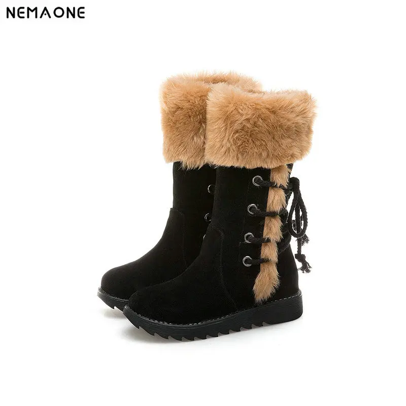 

NEMAONE Women's flat Ankle Boots Ladies Winter warm snow boots sexy fur lace up Woman boots beige yellow Black Plus Size 43