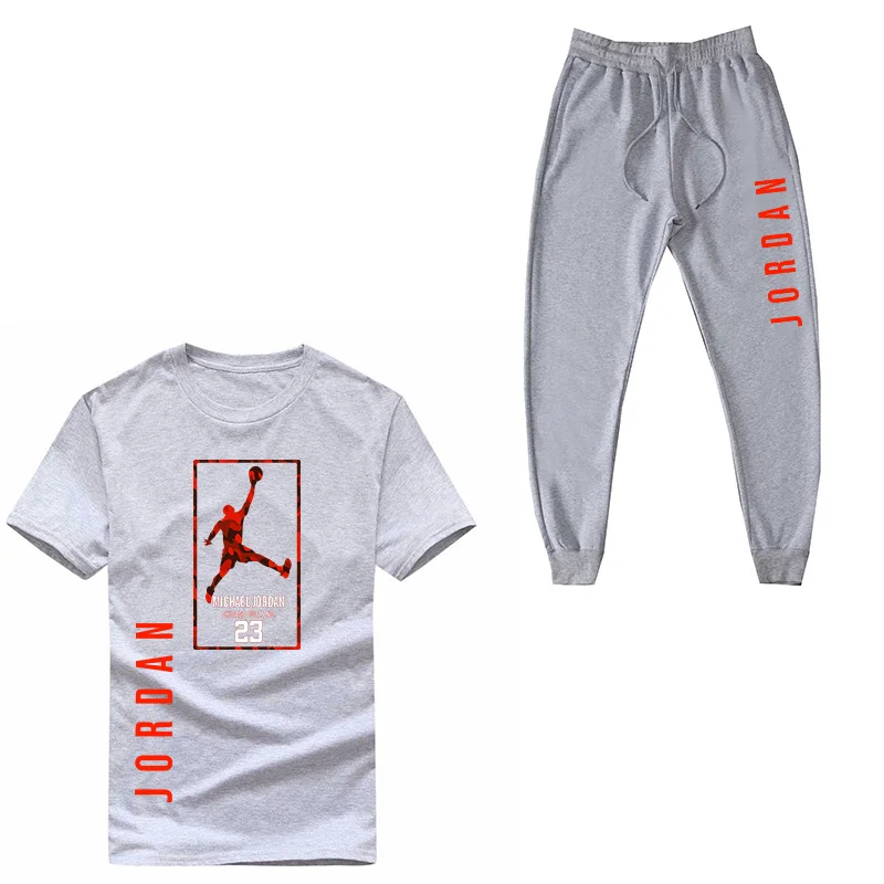 

Men's T-Shirt Set High quality Cotton Jordan Joggers pants+tops Set Print Track suit Male Fitness elastic force jogging homme