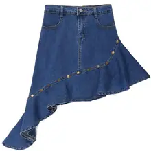 Джинсовая мини-юбка размера плюс 9XL! Женская Асимметричная гофрированная юбка с высокой талией