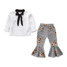 Kids Baby Girl Outfit Clothes T-shirt Long Sleeve Solid Chiffon Tops Floral Flared Pants 2PCS Set 2019 black floral print flared long pants