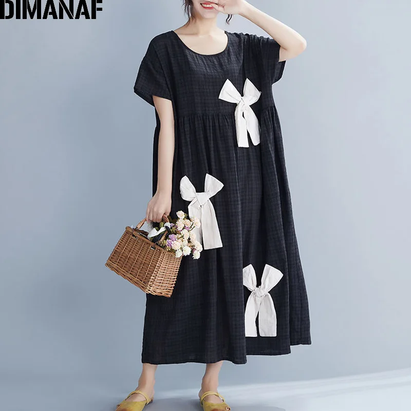 DIMANAF Plus Size Women Dress Summer Bowknot Cotton Linen Fashion Lady Vestidos Female Clothing Loose Casual Style Dress Black