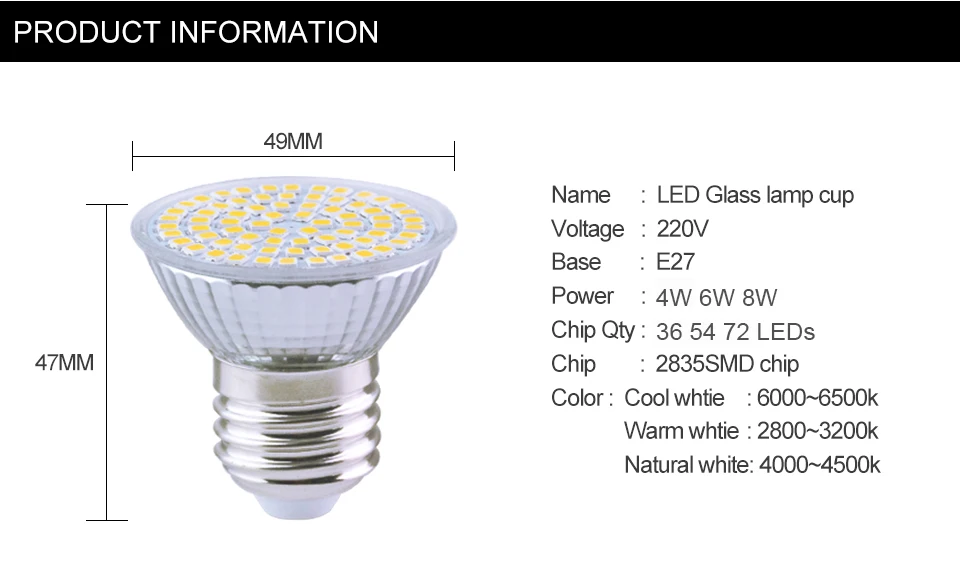 4W 6W 8W GU10 E27 220V LED Spotlight Bulb 2835 5730 SMD 54LEDs 72 LEDs Bulbs Lamp Light Glass Body For Indoor Led lamps lighting (03)