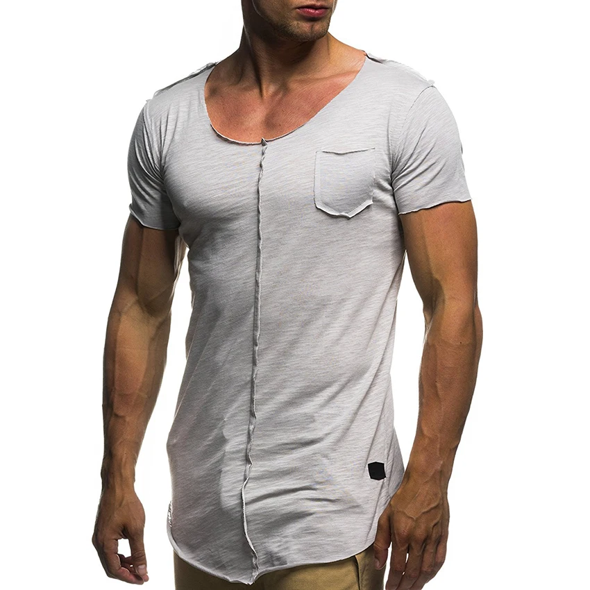 Buy Men Short Sleeve T shirt Skinny Slim Fit Longline Cure Hem Tshirt Splicing
