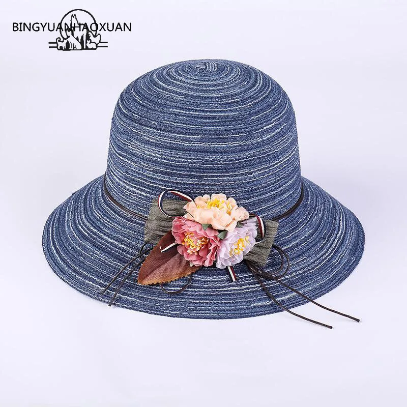 

Spring Summer Women Sun Hats Fashion Lady Wide Large Brim Foldable Straw Hat Flowers Women Sunscreen Beach Cap Girl Bucket Hat