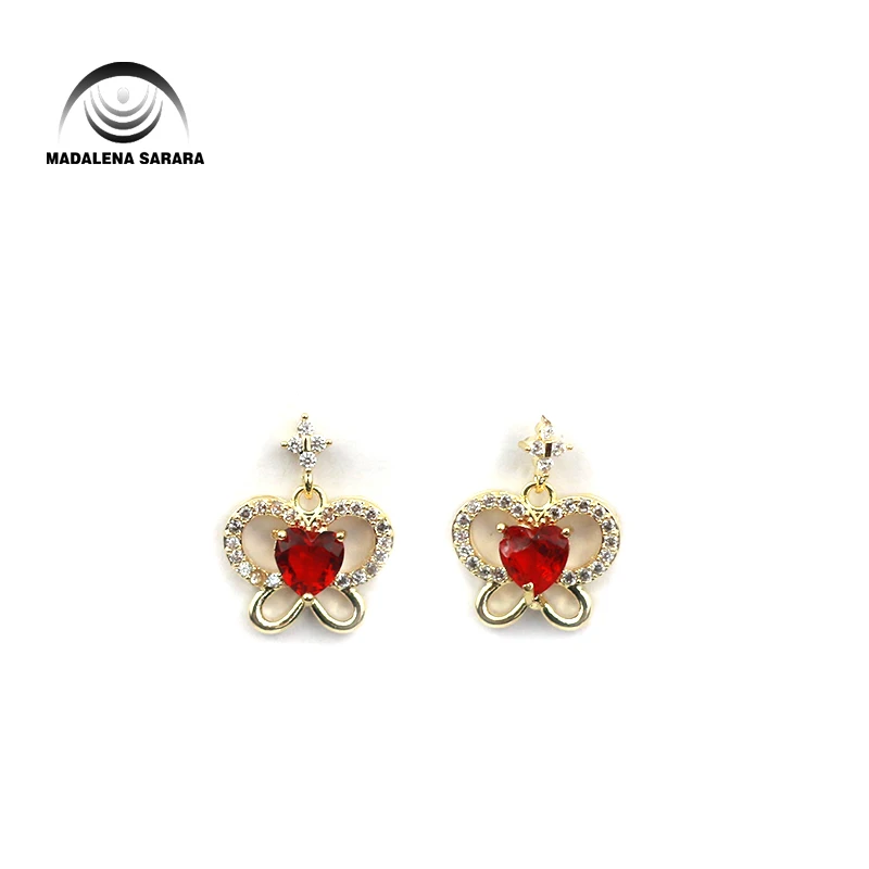 

MADALENA SARARA S925 Needle Dangle Earring Red AAAA Cubic Zirconia And Crystal Inlaid Butterfly Style Girl's Earring