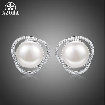 

AZORA Brand Design Pearl Flower Stud Earrings for Women Wedding Party Luxury Clear Cubic Zirconia Beautiful Jewelry Gift TE0360