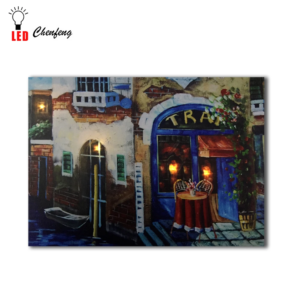Светодио дный Холст Картина маслом городское кафе с антикварным магазином уличная сцена Настенная картина с подсветкой холст печать свет вверх Настенный декор