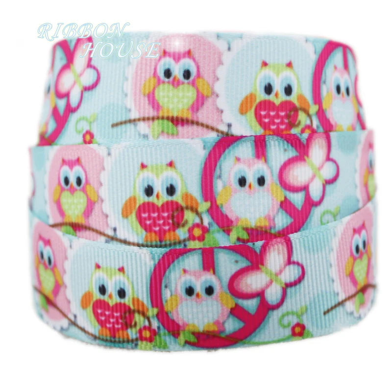 7/8" (22mm) printed grosgrain owl ribbon colored green ribbon