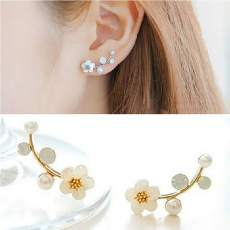 

2019 New Fashion Crystal Earrings for Women Branch Shell Imitation Pearl Flower Stud Earrings Female Jewelry Brincos Mujer Gifts
