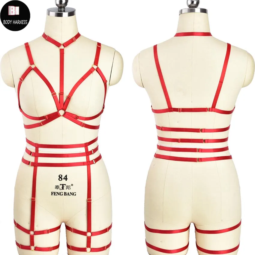 Women Body Harness Bondage Garter Belt Harness Set Red Elastic Adjust