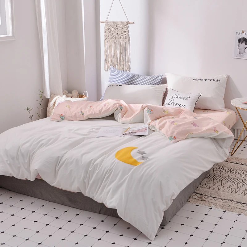 

Moon and stars embroidery and print bedlinens Washed Cotton Twin Queen King size bedding Sets Pillowcases duvet cover set