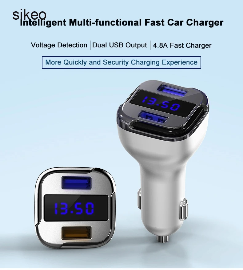 sikeo Quick Charger Intelligent Car Charger Dual USB Smart Car Charger Adapter With LED Display