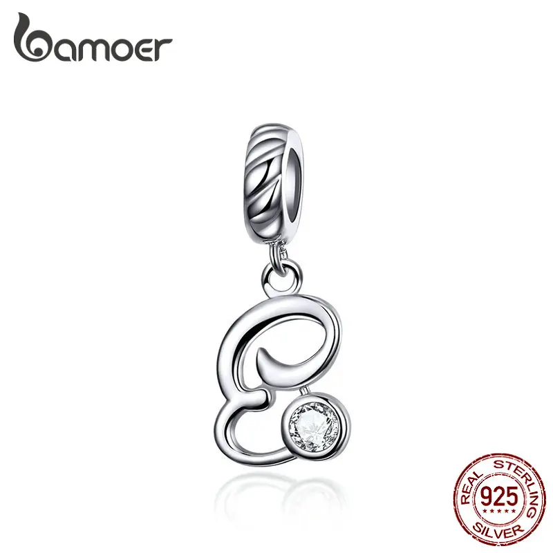 BAMOER 26 Letters alphabet Pendant 925 Sterling Silver Handwritten Language Pendants Charm for Bracelets and Necklace SCC1183 gold ring 925 Silver Jewelry